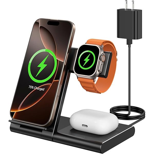 wonima44 Charging Station for Apple Multiple Devices, 3 in 1 Wireless Charger Dock for iPhone 15/14/13/12/Pro/Plus/Max, Travel Charger for Apple Watch 10/9/8/Ultra 2/7/6/5/4/3 & AirPods 4/3/2/Pro