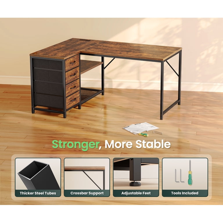 Amadwell 43.3" L-Shaped Desk with Power Outlets, Brown photo 8