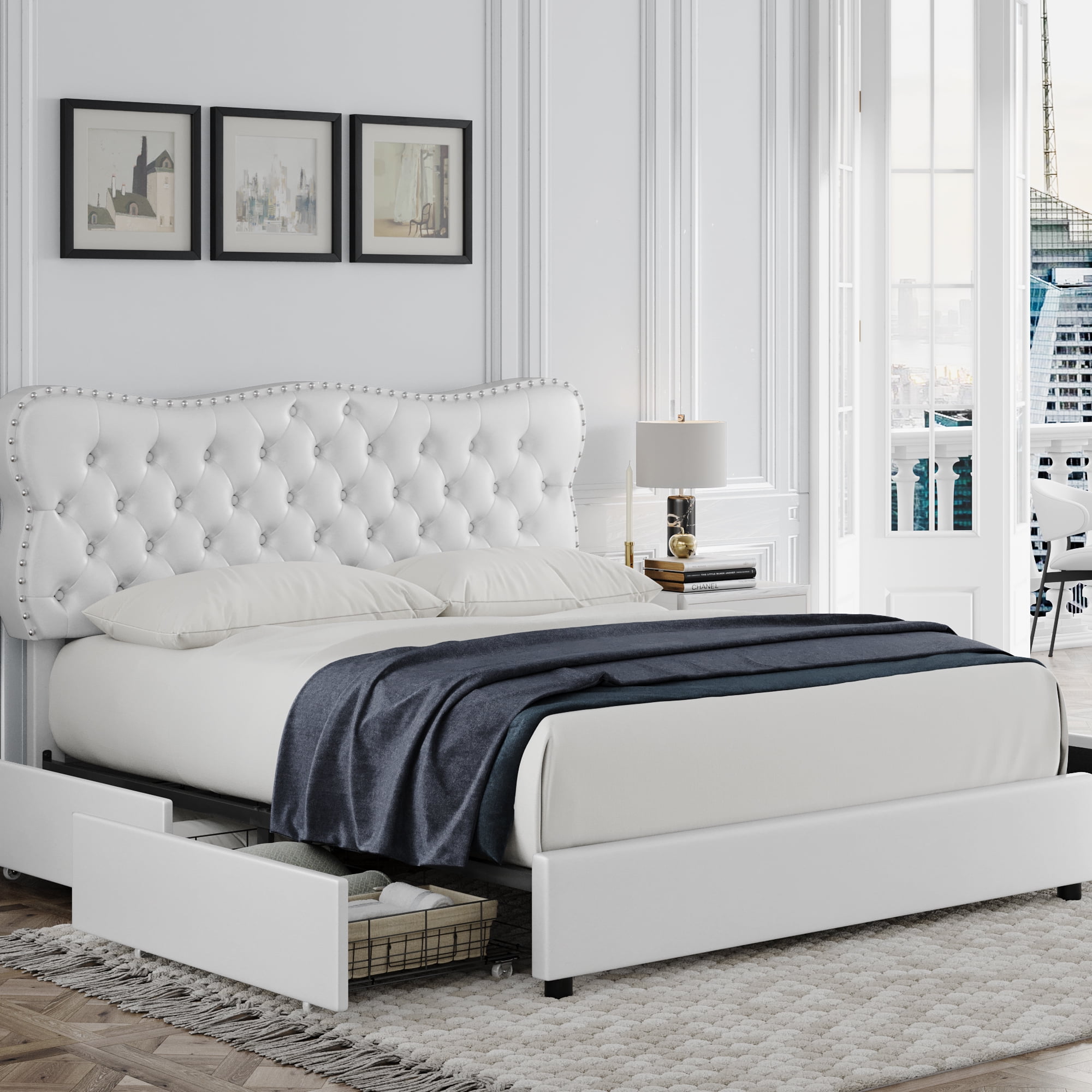 Homfa White Full Bed Frame with Drawer, PU Leather Upholstered Storage ...