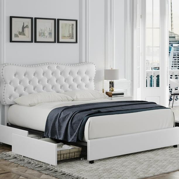 Homfa White Full Bed Frame with Drawer, PU Leather Upholstered Storage