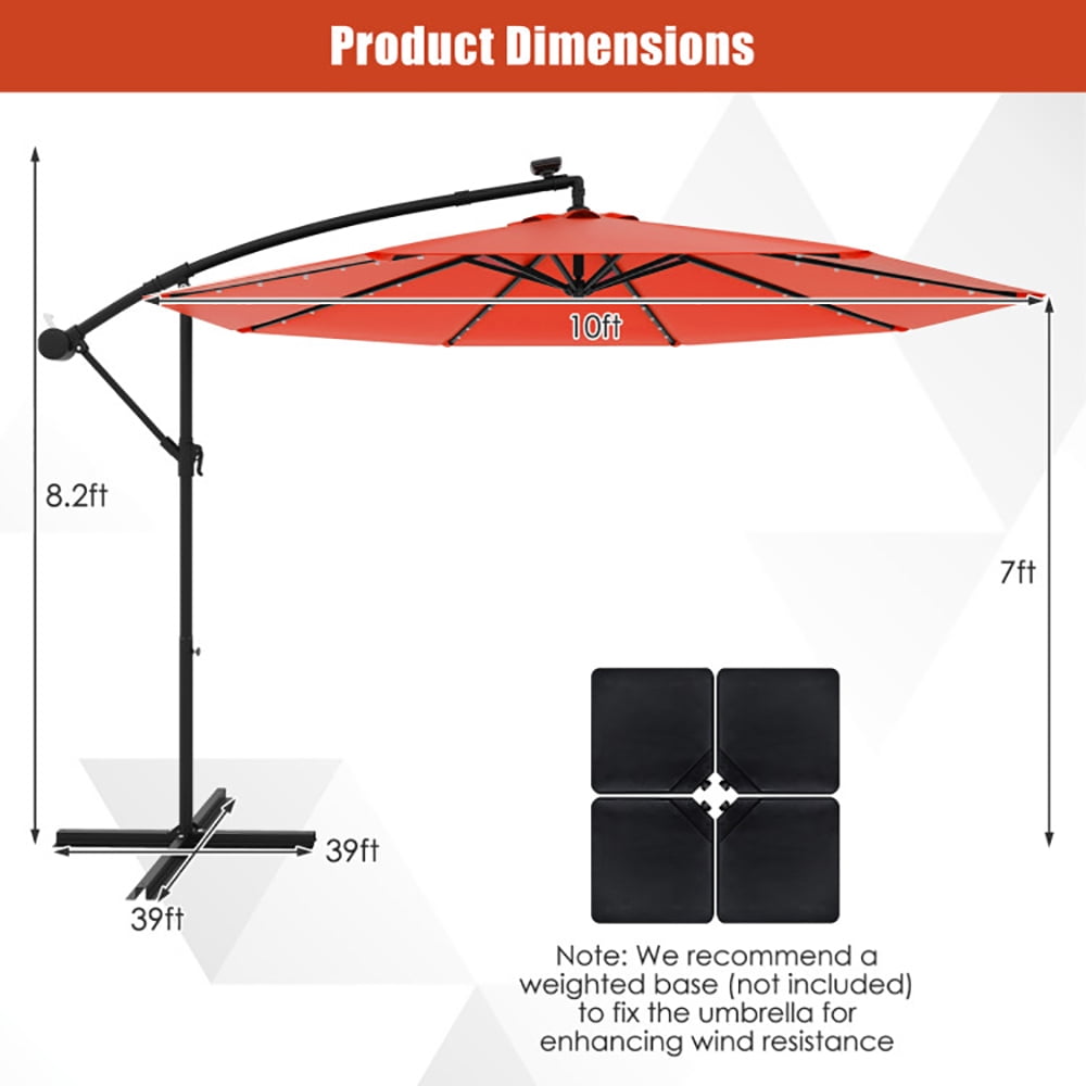 Aimee Lii 10 Feet Solar Offset Hanging Umbrella with 40 Lamp Beads and Solar Panel, Sunbrella Patio Umbrellas, Orange