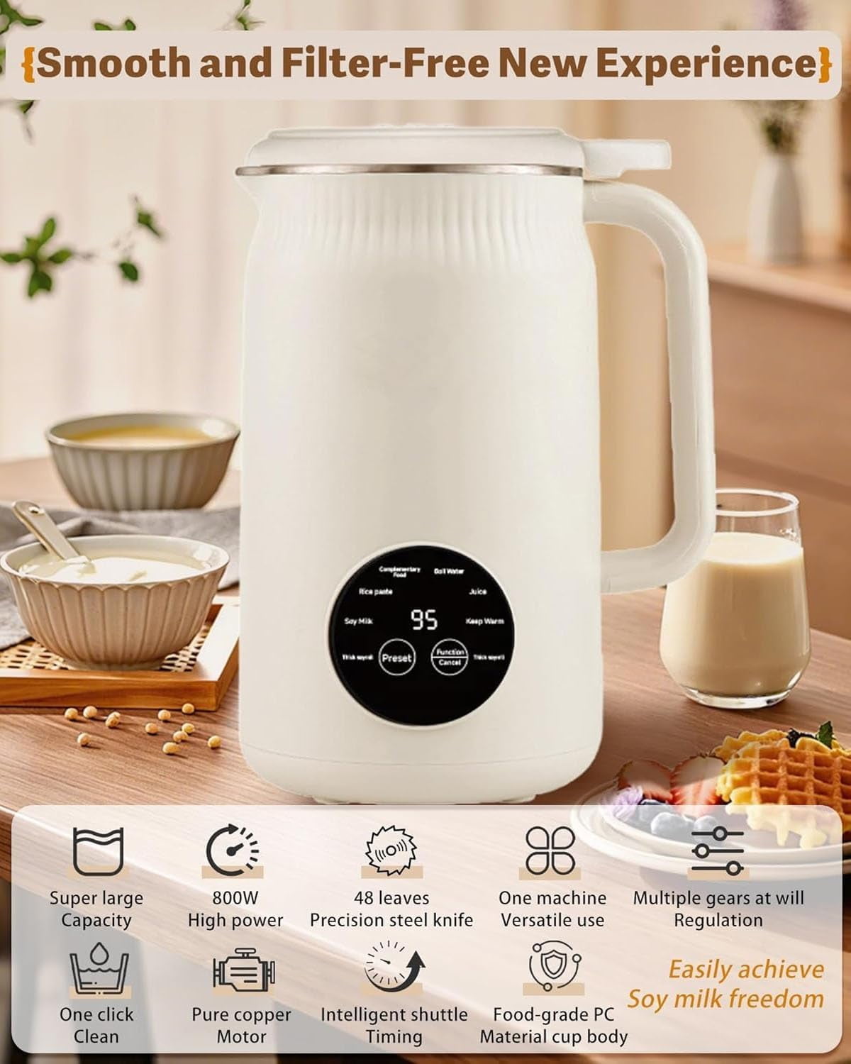 Upgraded Multifunction 8-in-1 Nut Milk Maker Machine & Juice Maker with Stainless Steel Lid,Utomatic Plant-Based Milks Blender for Nuts,Oat,Soy Milks,12h Delay/Keep Warm/Self Cleaning