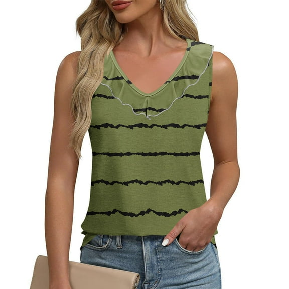 Tank Tops for Women under $5 Plus Size Clearance Sleeveless Stripe Ruffles V-neck Casual Shirt Army Green L