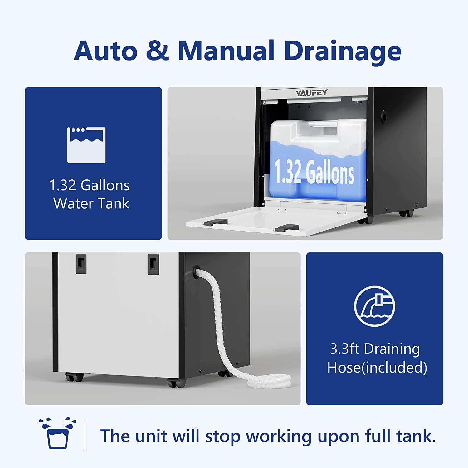 Yaufey Large Commercial 155 Pint Dehumidifier for Spaces up to 8,000 Sq. Ft - Includes 6.56ft Drain Hose, 1.32 Gal Water Tank Ideal for Large Basements, Industrial or Commercial Spaces and Job Sites