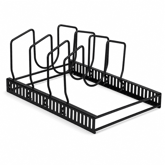 PLERISE Pot Lid Organizer Rack, 7-Compartment Adjustable Steel Storage, Black, for Cabinet and Countertop