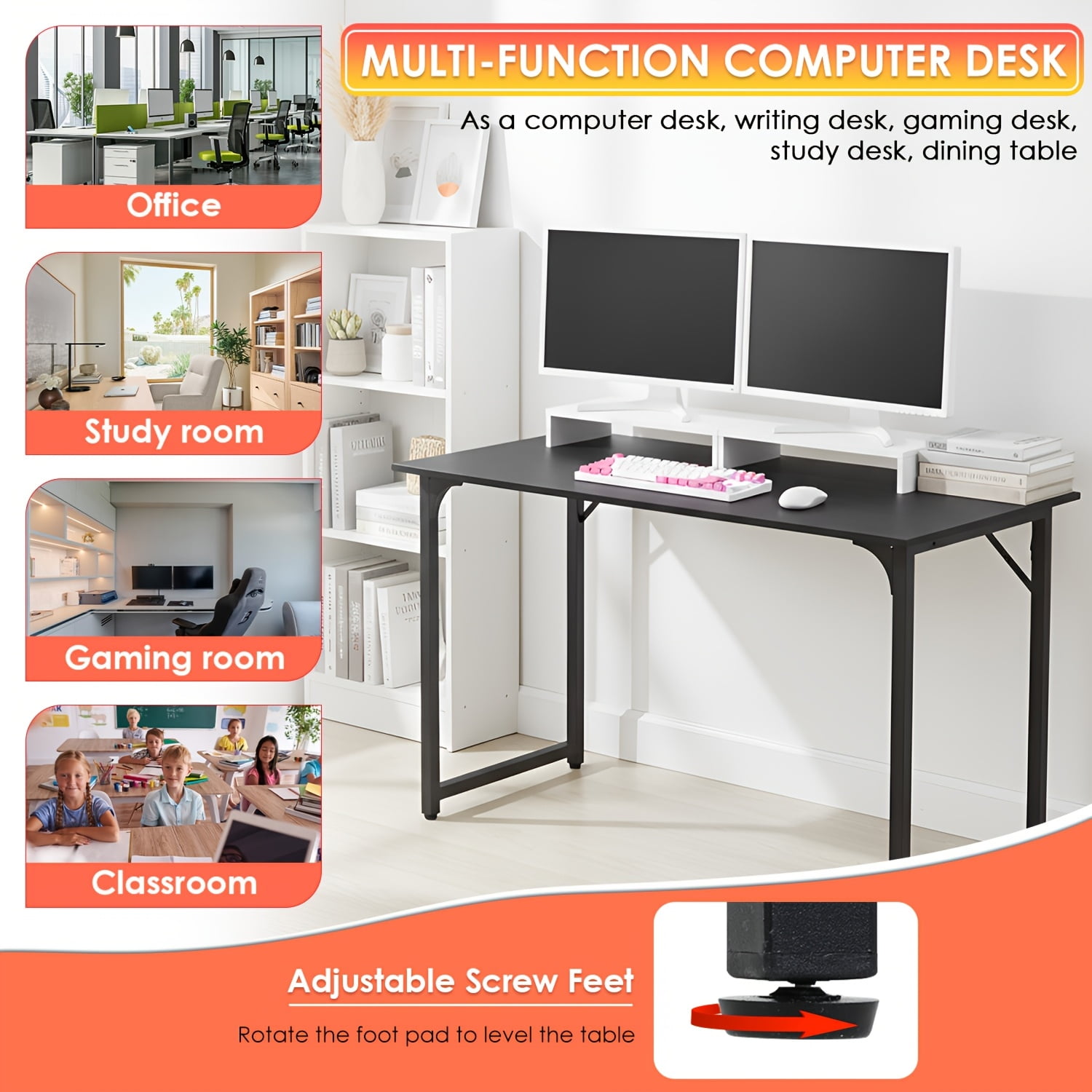39-inch Black Computer Desk, Home/Office/Study/Workstation, Modern PC/Laptop Sturdy and Easy-to-Use Gaming Desk with Metal Frame