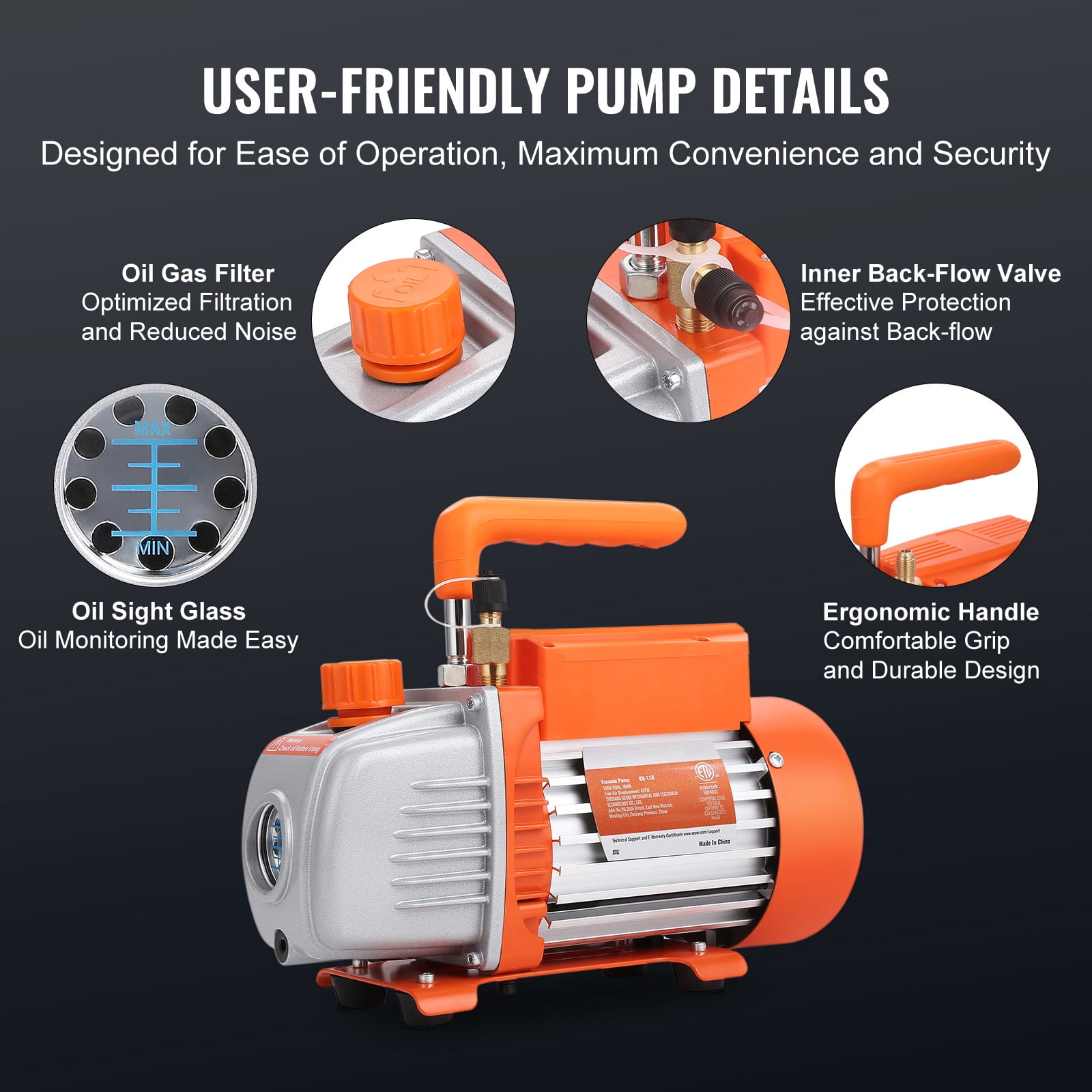 VEVOR HVAC Vacuum Pump 120 V 1/4 HP 4.5 CFM Single Stage Rotary Vane and Gauge Set Manifold Gauge Kit with Hose for R134a, R410a,and other refrigerants.