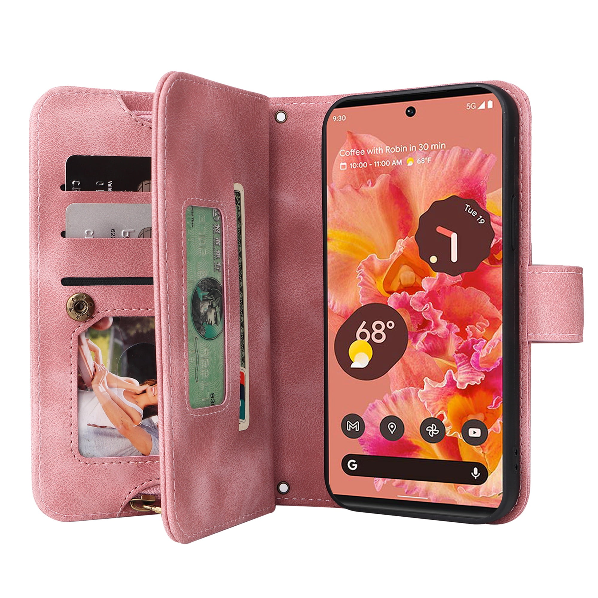 Dteck Crossbody Wallet Magnetic Phone Case for iPhone 13 Pro, Premium PU Leather Handbag Zipper Pocket with Lanyard Shoulder Strap Wristlet Folio Flip Case for Apple iPhone 13 Pro,Pink