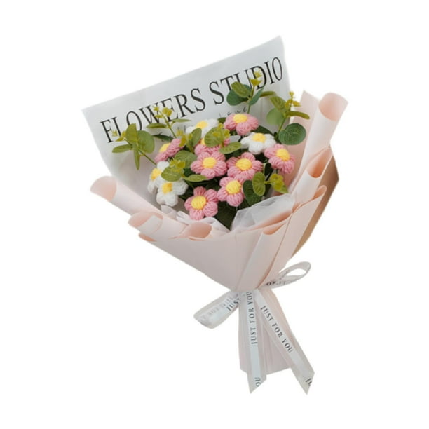 Ramo de flores de ganchillo, flores preservadas, flores artificiales tejidas a mano para decorar el día de San Valentín, cumpleaños, primavera Rosa