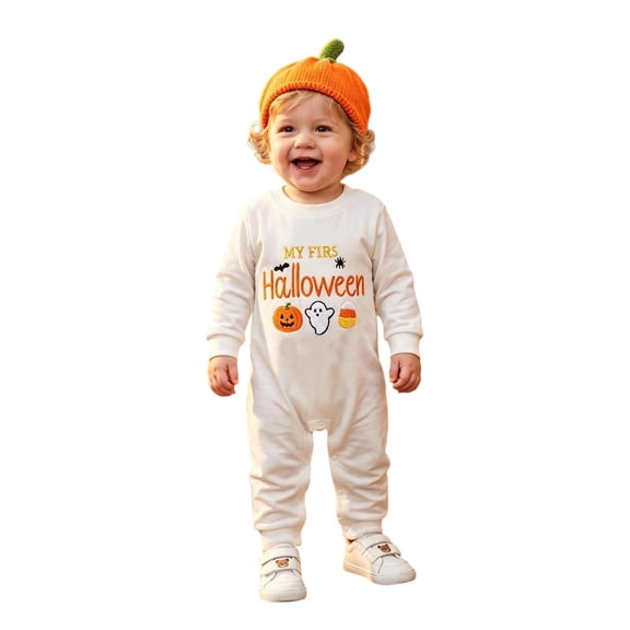 Gunia Baby Boys Girls Halloween Outfit Bodysuit With Cute Letter Pumpkin Embroidery Long Sleeve Romper Adorable Unisex Sleeper Outfits White 6-12 Months