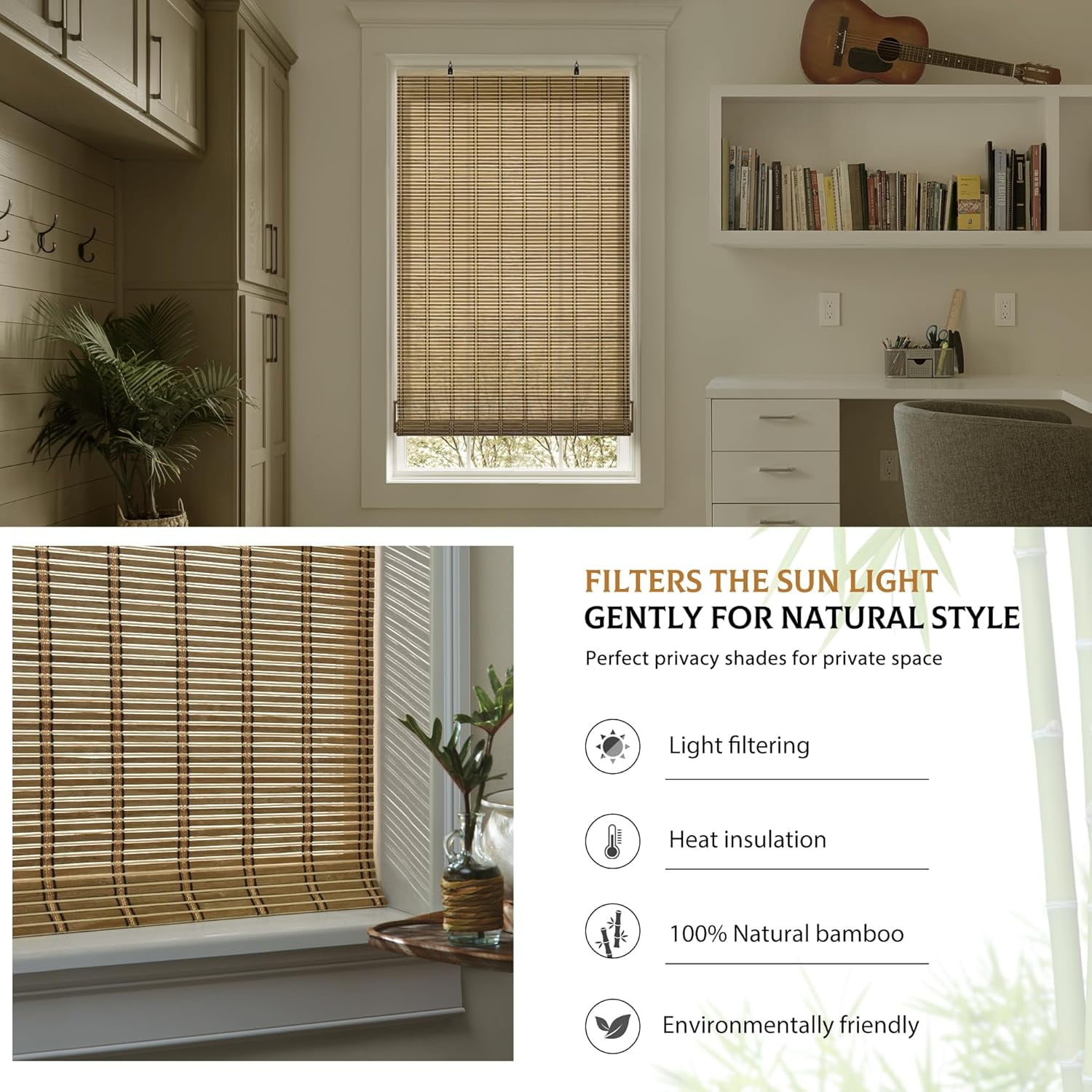 LazBlinds Cordless Bamboo Blinds, Bamboo Roll Up Shades for Windows, Light Filtering Hanging Window Blinds, Bamboo Shades for Patio Indoor/Outdoor Porch, 29'' W x 72'' H, Natural