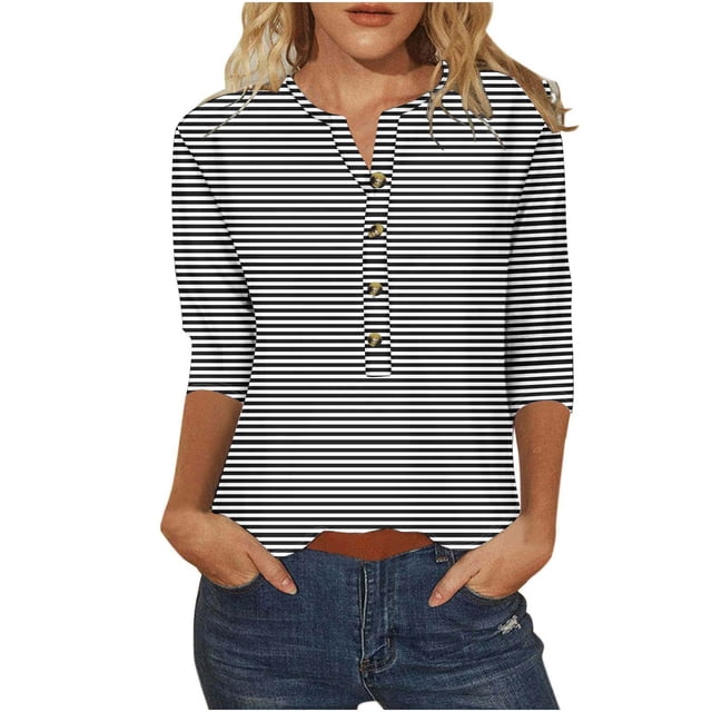 Birdeem Blouses pour Femmes T-Shirt Imprimé à Boutons Manches 3/4 Ample