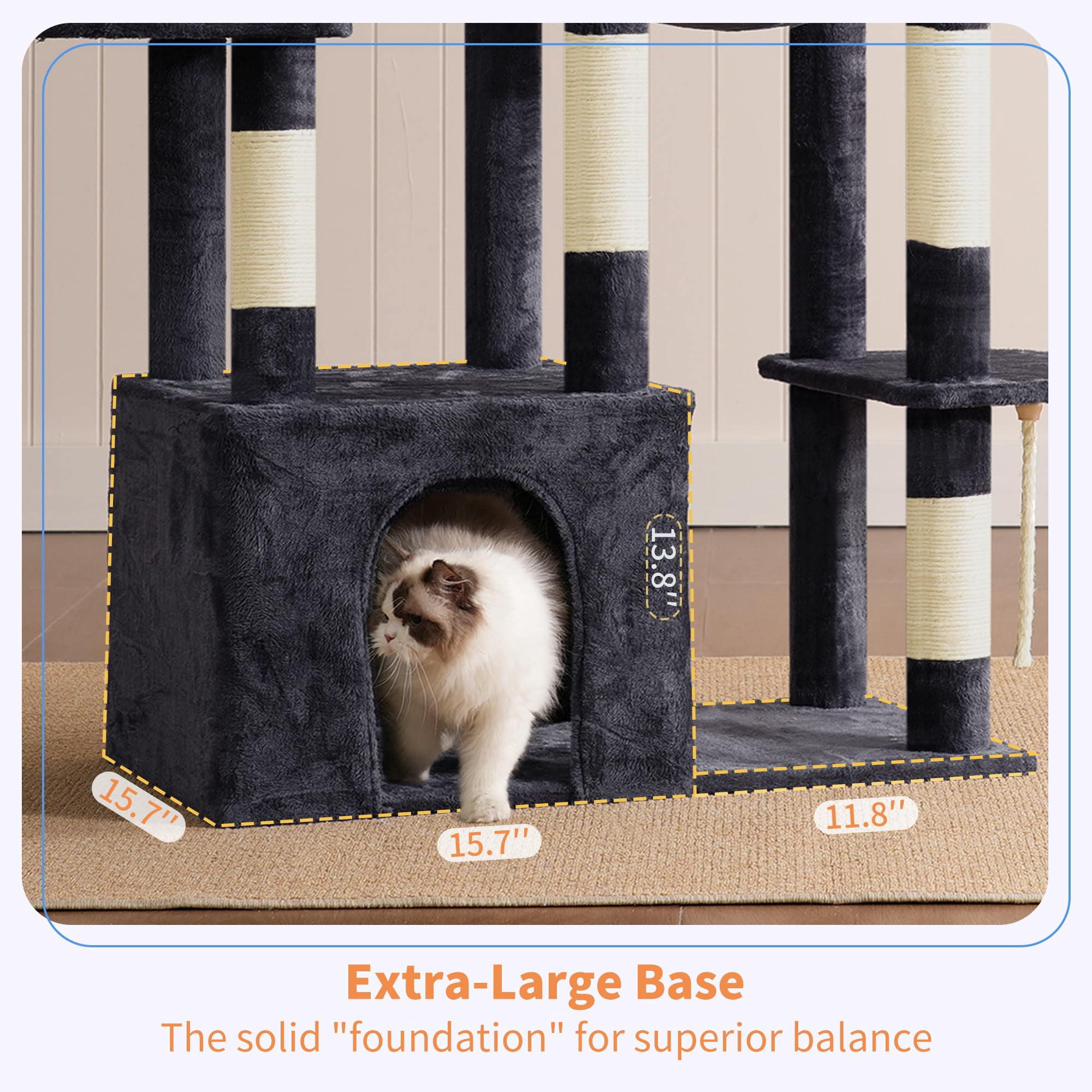 Heavy Duty Cat Tree  Tower For Indoor Cats Large Adult Tall Condo House With Extra-large Baseboard Multi-level Plush Furniture Posts Hammock Balls Smoky Gray Hct026g