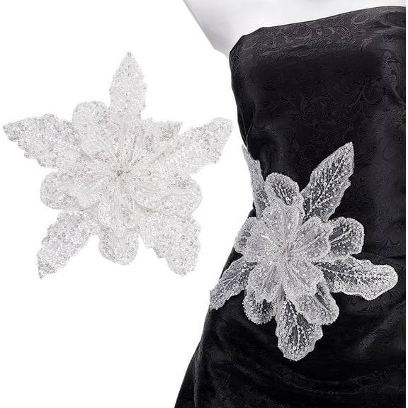 White 3D Sequin Flower Applique Sparkly Sew on Sequins Lace Patch with Brooch Pin Double-Layer Lace Applique Floral Pattern Patch for Wedding Garment Dresses Decoration DIY Sewing Fabric