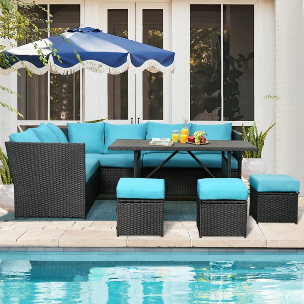 Danrelax 7 Pieces Patio Furniture Set Outdoor Sectional Sofa Conversation All Weather Black Rattan Couch Dining Table Ottomans Blue Cushions Com Danrelax 7 Pieces Patio Furniture Set, Outdoor Sectional With Dining Table And Umbrella