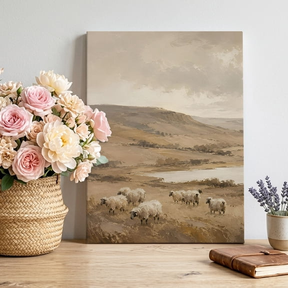 Grazing Sheep Canvas Wall Art, Rustic Vintage Cottagecore Brown Rolling Hill River Framed Picture Canvas Wall Art Print Decor Artwork Decorations for Living Room Bedroom Ready to Hang 10" x 8"