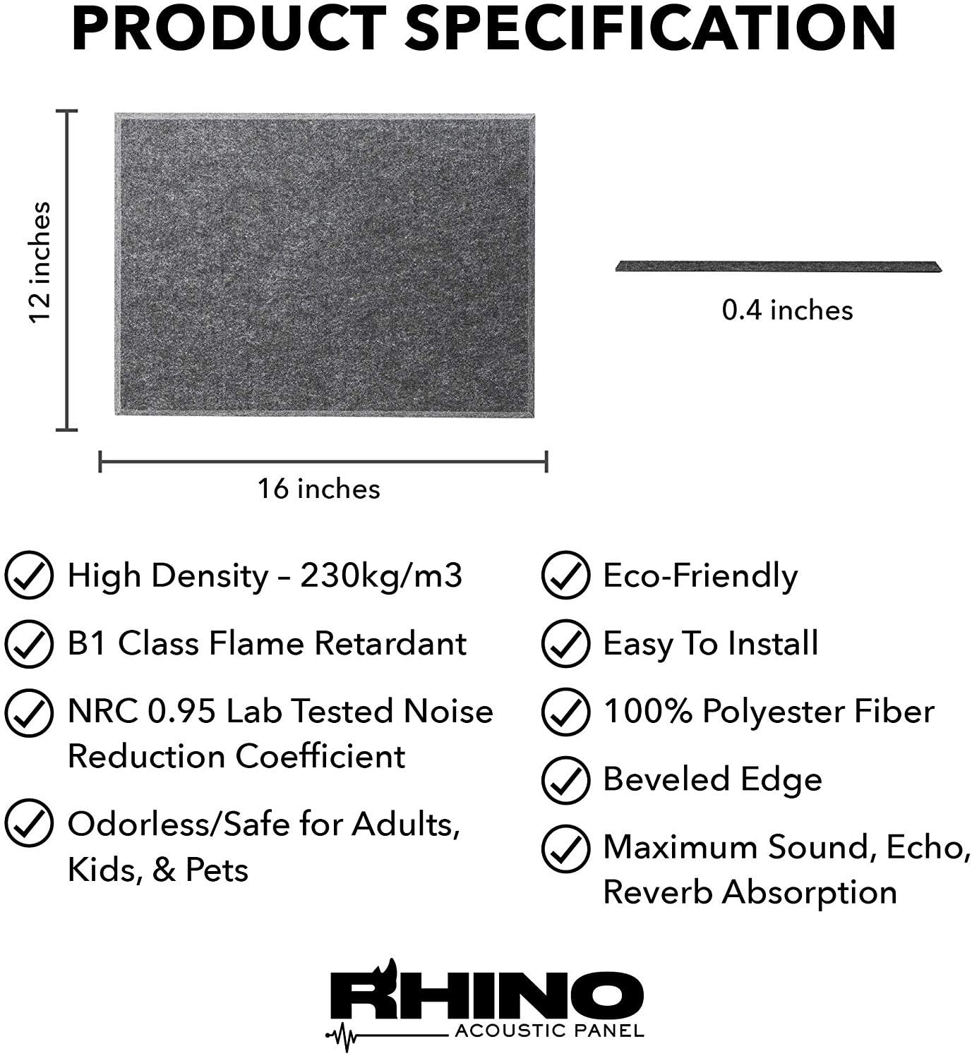 RHINO Acoustic Panel Gray 16" x 12" x 0.4" Thick NRC Sound Bass Isolation 6 Pieces Beveled Edges