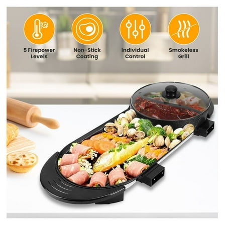 2 in 1 Electric Hot Pot with BBQ Grill Cooker 2200W Smokeless Non-Stick Korean BBQ Grill Shabu Hot Pot with Independent Temperature Control 5 Gears Firepower For 2-10 People