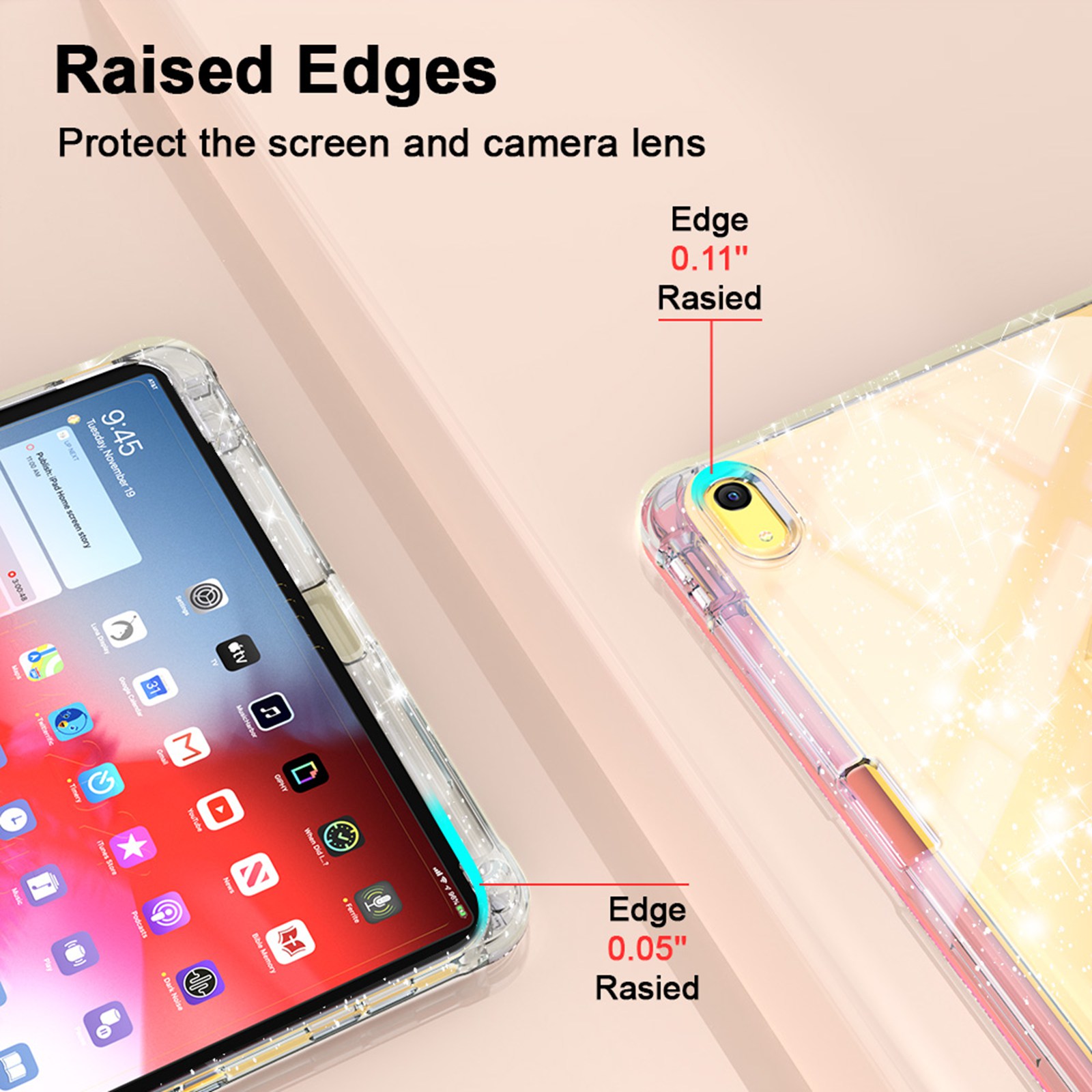ELEHOLD Glitter Case for  iPad 9th/8th/7th Generation with Pencil Holder,  Auto Sleep/Wake Magnetic Stand Cover, Sparkly Clear Back Shell with Tri-Fold Stand , Rosegold