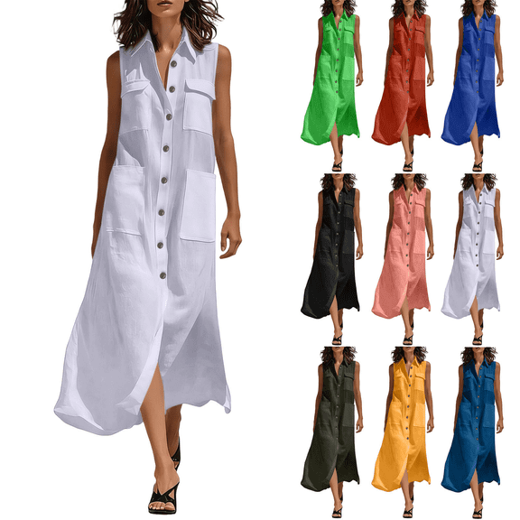 Dresses for Women Summer Casual V Neck Sleeveless Loose Flowy Beach Vacation Button Down Maxi Shirt Dress with Pockets,Sizes S-3XL