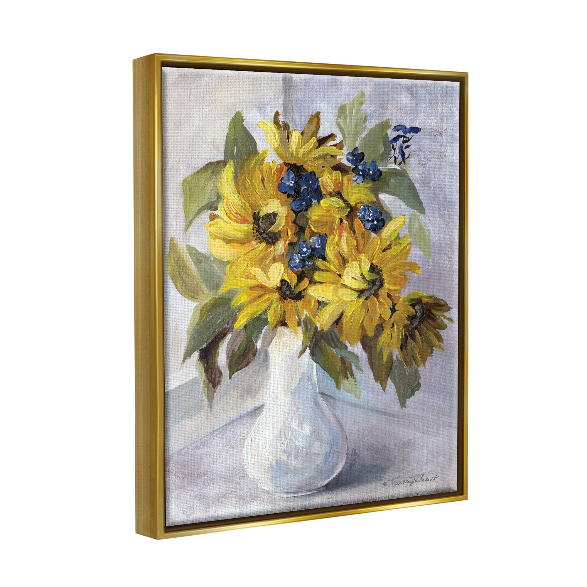Stupell Yellow Daisies Blue Accent Flower Botanical & Floral Painting Gold Floater Framed Art Print Wall Art