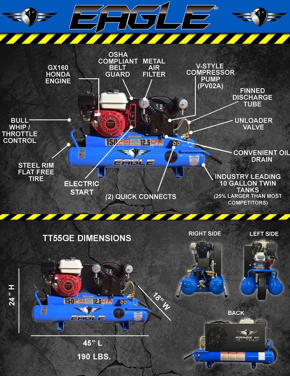 Eagle Compressor Portable Gas Wheel Barrow Air Compressor Electric Start 10 Gallon
