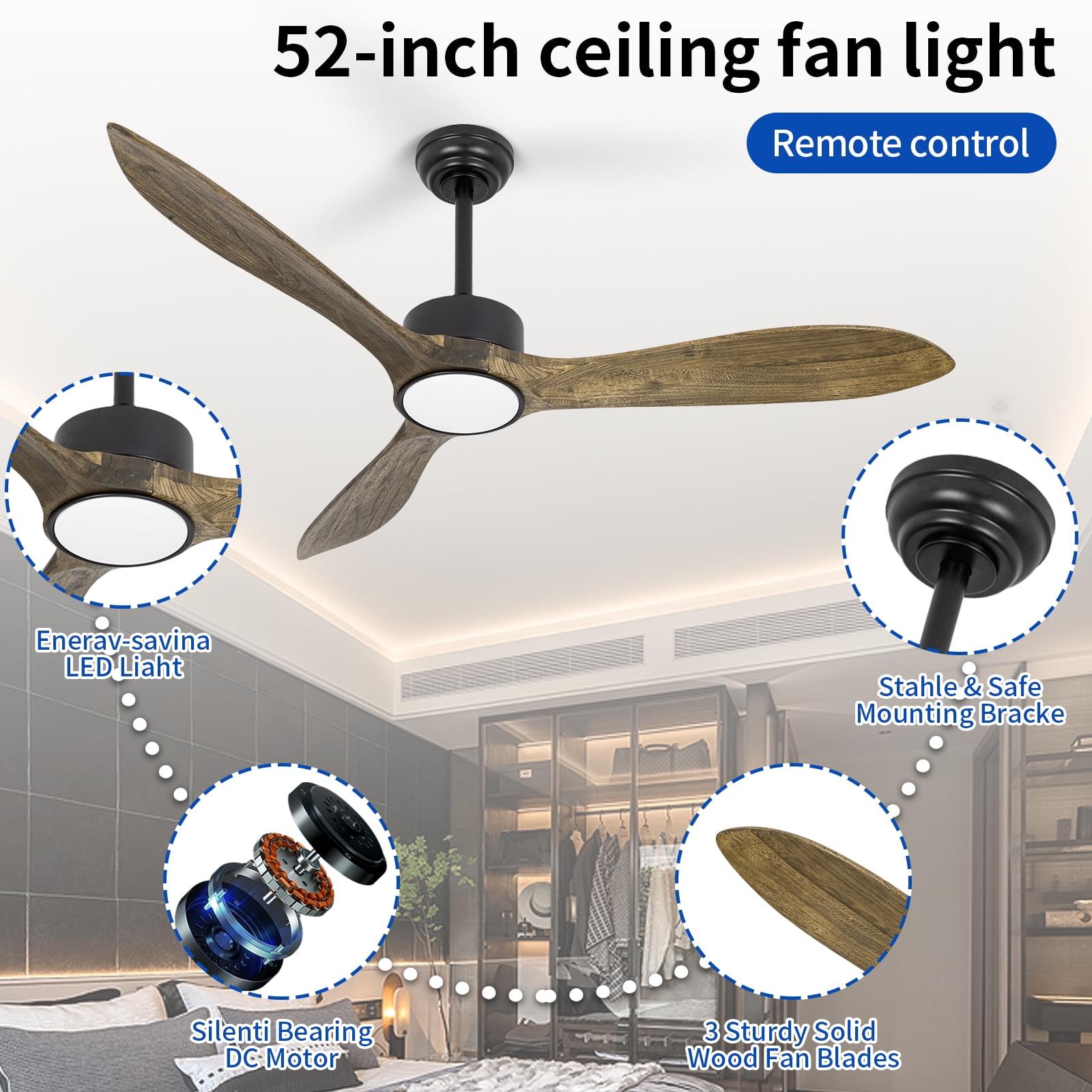 Wozzio 52 inch Ceiling Fan with Light and Remote,DC Motor,3CCT Dimmable LED Light,3 Amber Wood Blades,Indoor & Outdoor