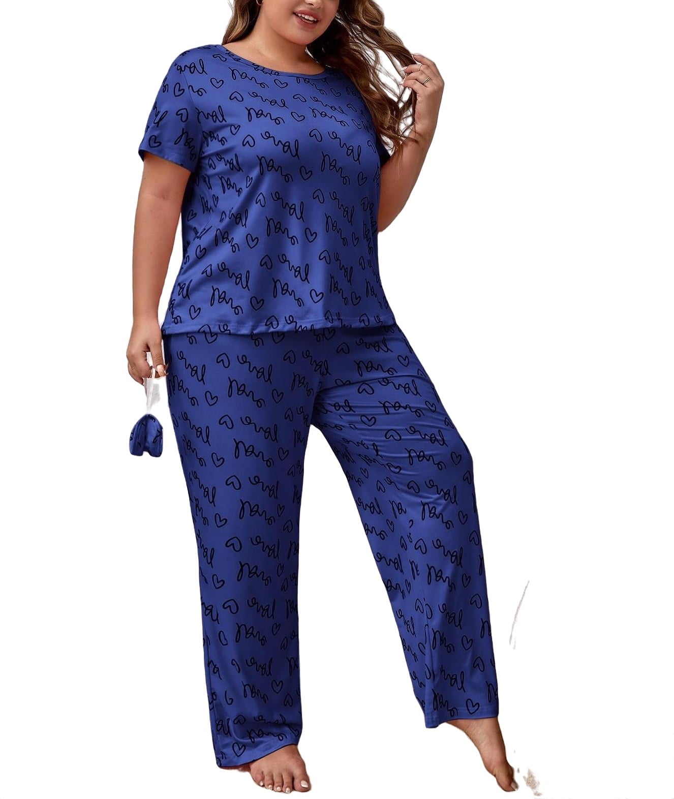 Print Round Neck Pant Sets Short Sleeve Royal Blue Plus Pajama Sets ...