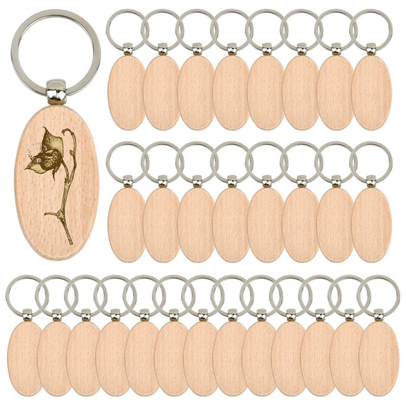 60PCS Oval Wooden Keychain Blanks Unfinished Wood Keychain Blank Key Ring Key Tag Wood Engraving Blank Keychains