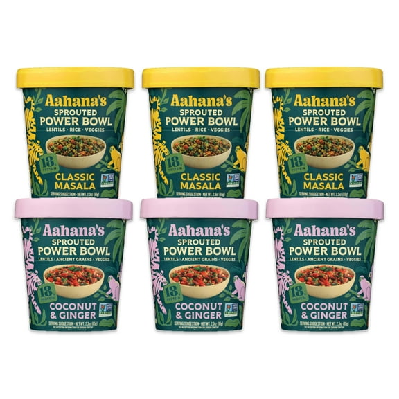 Aahana’s Ready-to-Eat Indian Lentil Meal Bowls Combo – Sprouted Power Bowls | Gluten-Free, High Protein, High Fiber, Oil & Sugar Free, Vegan | 3 3 Combo Pack (3 Classic Masala 3 Coconut & Ginger)