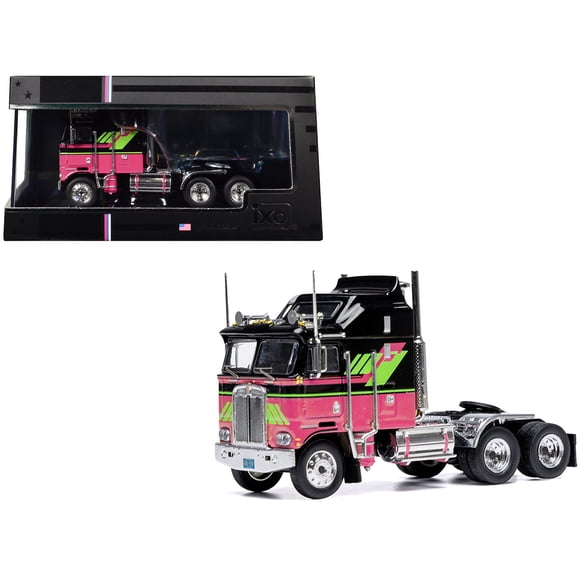 1976 Kenworth K100 Aerodyne Truck Tractor Black and Pink with Graphics 1/64 Diecast Model by IXO Models