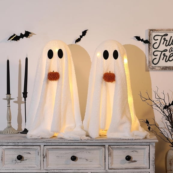 2-Pack 20.5" Light-Up Sherpa Ghost Tabletop Decor, Plush Spooky-Cute Standing Ghosts with Pumpkin, Illuminated Indoor Fall Halloween Decoration for Fireplace Mantel & Home