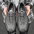 thumbnail image 2 of Men's Grey Matte Leather Hand Stitched Outdoor Walking Shoes Quick Elastic Drawstring Anti-Collision Toe Trekking Sneakers, 2 of 8
