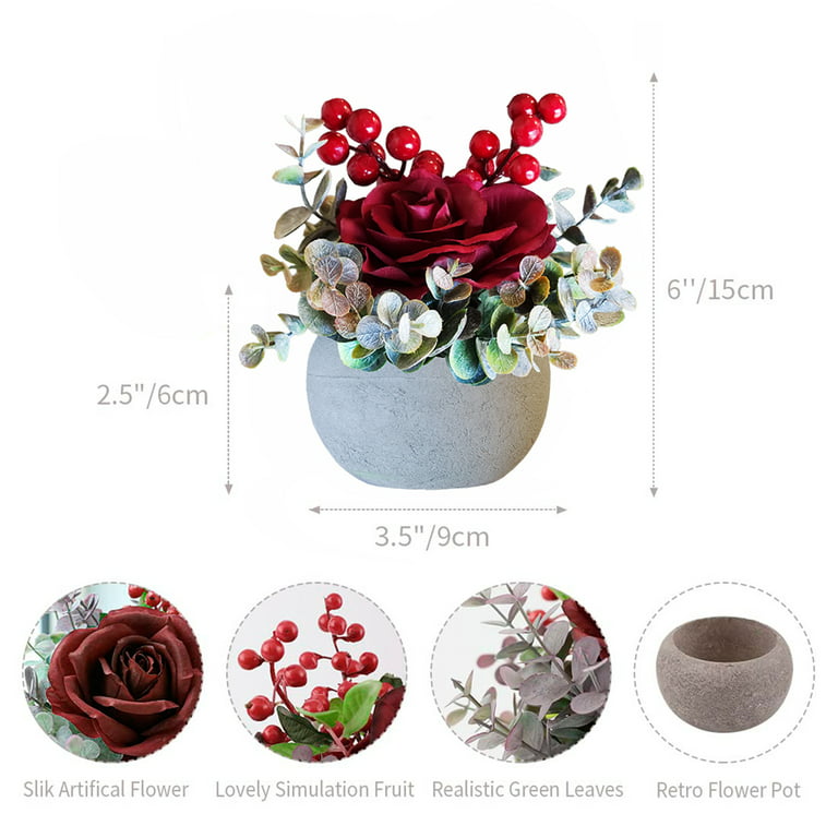 Red Rose in Pot Decor Potted Artificial Flowers Mini Plants Faux Flowers Indoor Small Decor Fake Roses for Home, Bathroom Kitchen Offices Wedding