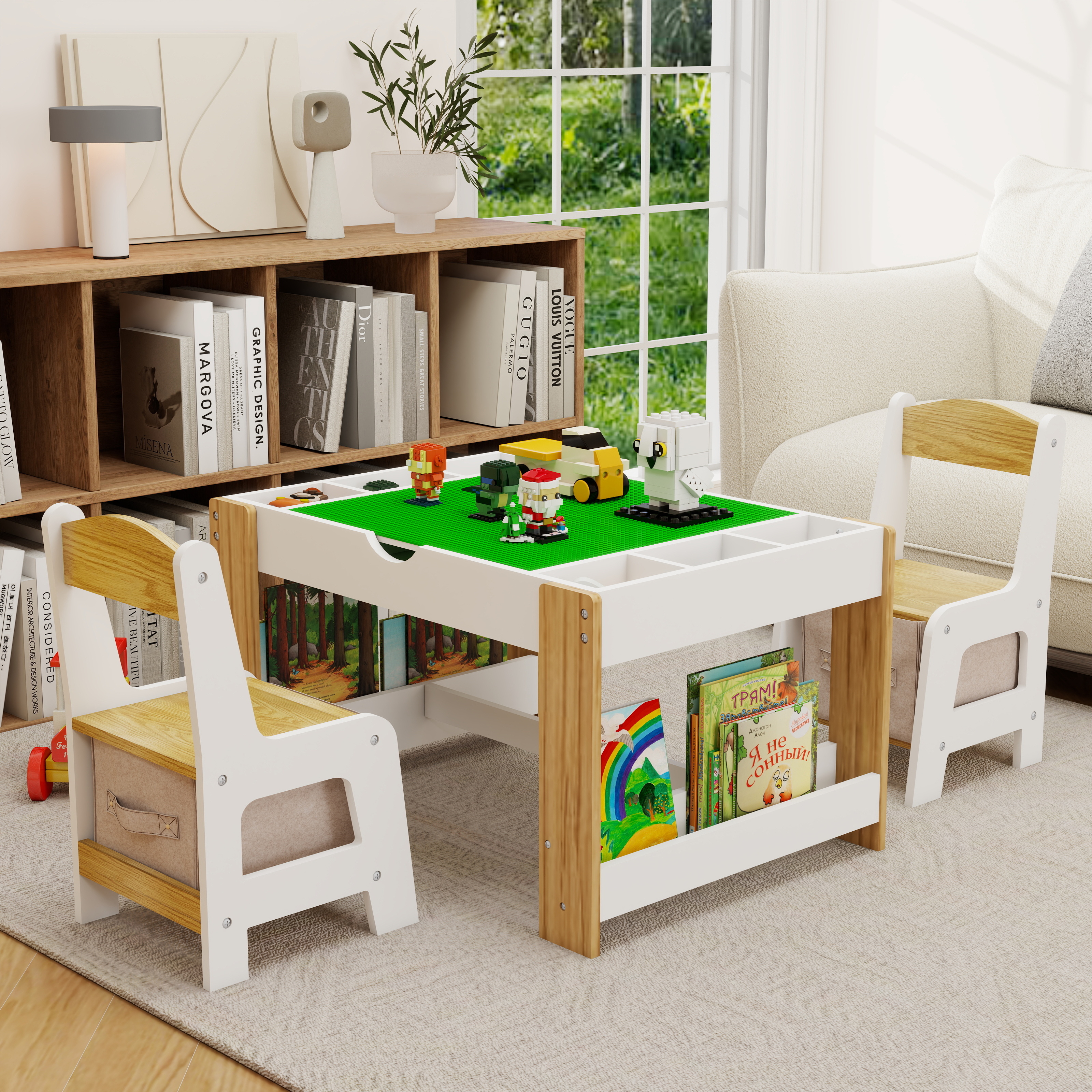 OUFAN Kids 2 in 1 Play Table and 2 Chair Set with 7 Storage Compartments & Built in Plate Compatible, Modern Activity Learning Table Furniture, White