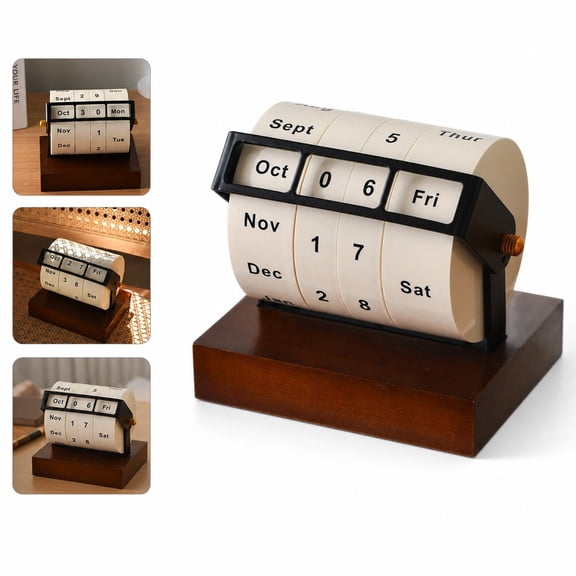 Rotary Perpetual Calendar Desk Display (4.9x3.7x4.7 Inch), Wooden Rotating Wheel Date Tracker, Luxury Office Home Decor