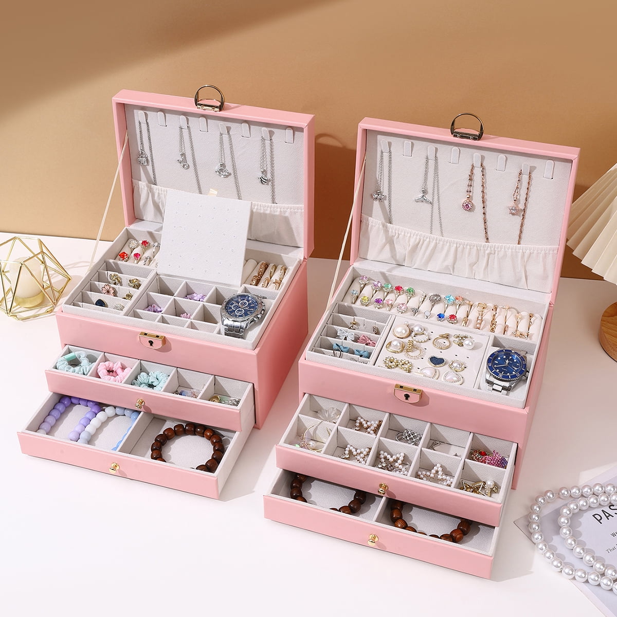 Christmas Gift for Women,Large Jewelry Box for Women Girls, 3 Layer Large Jewelry Boxes & Organizers, PU Leather Jewlwey Display Holder with Removable Tray for Earrings Rings Bracelets,Pink