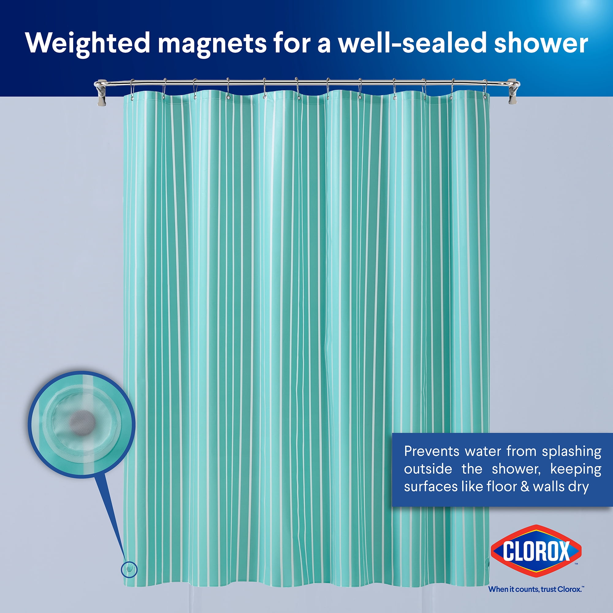 Clorox Shower Curtain Liner, Striped Waterproof 6g PEVA for Bathroom Standard Size 72" x 72", Aqua