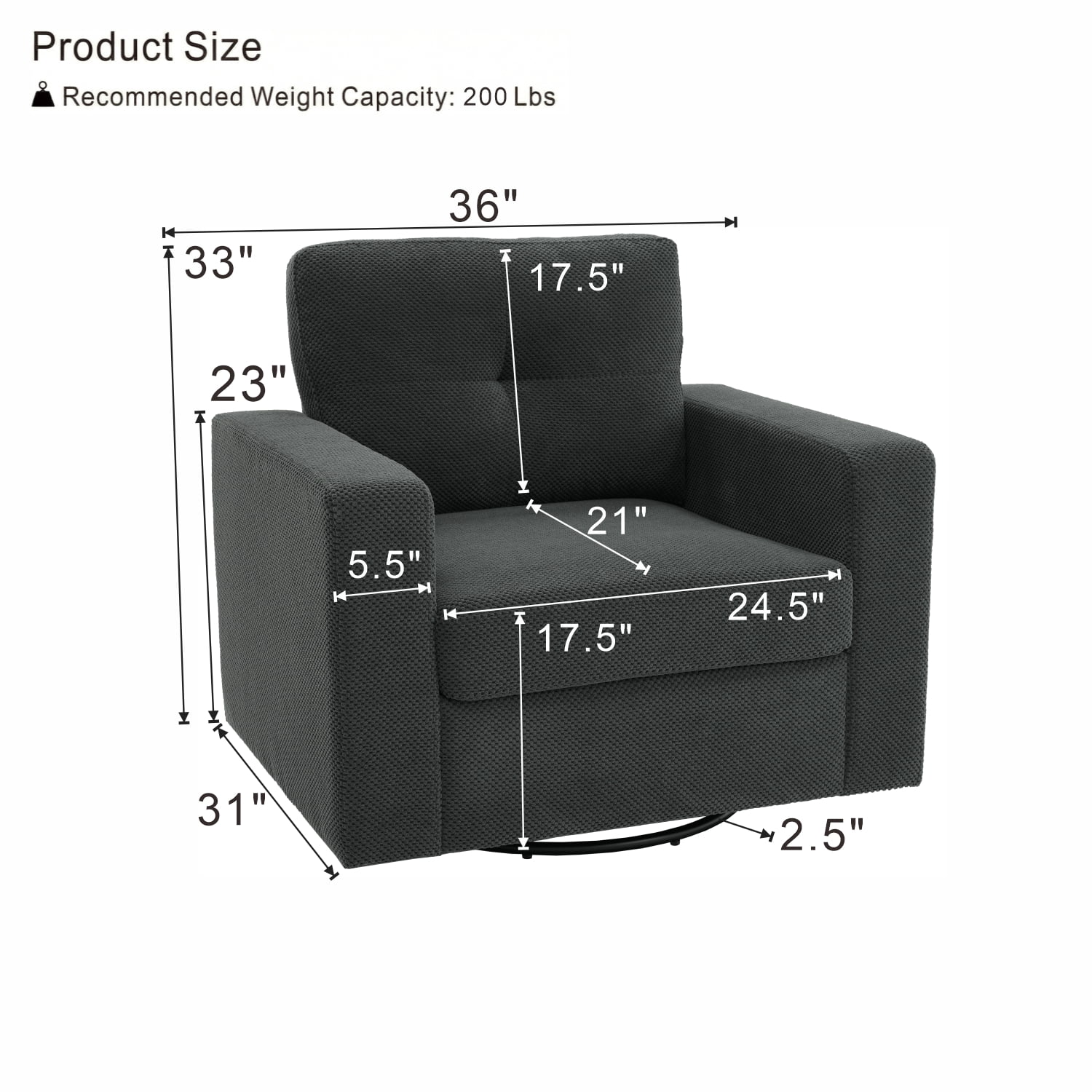 MOONMISS 360° Swivel Accent Chair with Point-Tufted Back & Textured, Upholstery Square Arm Armchair with Metal Pedestal Base, Soft Pillows for Living Room, Bedroom