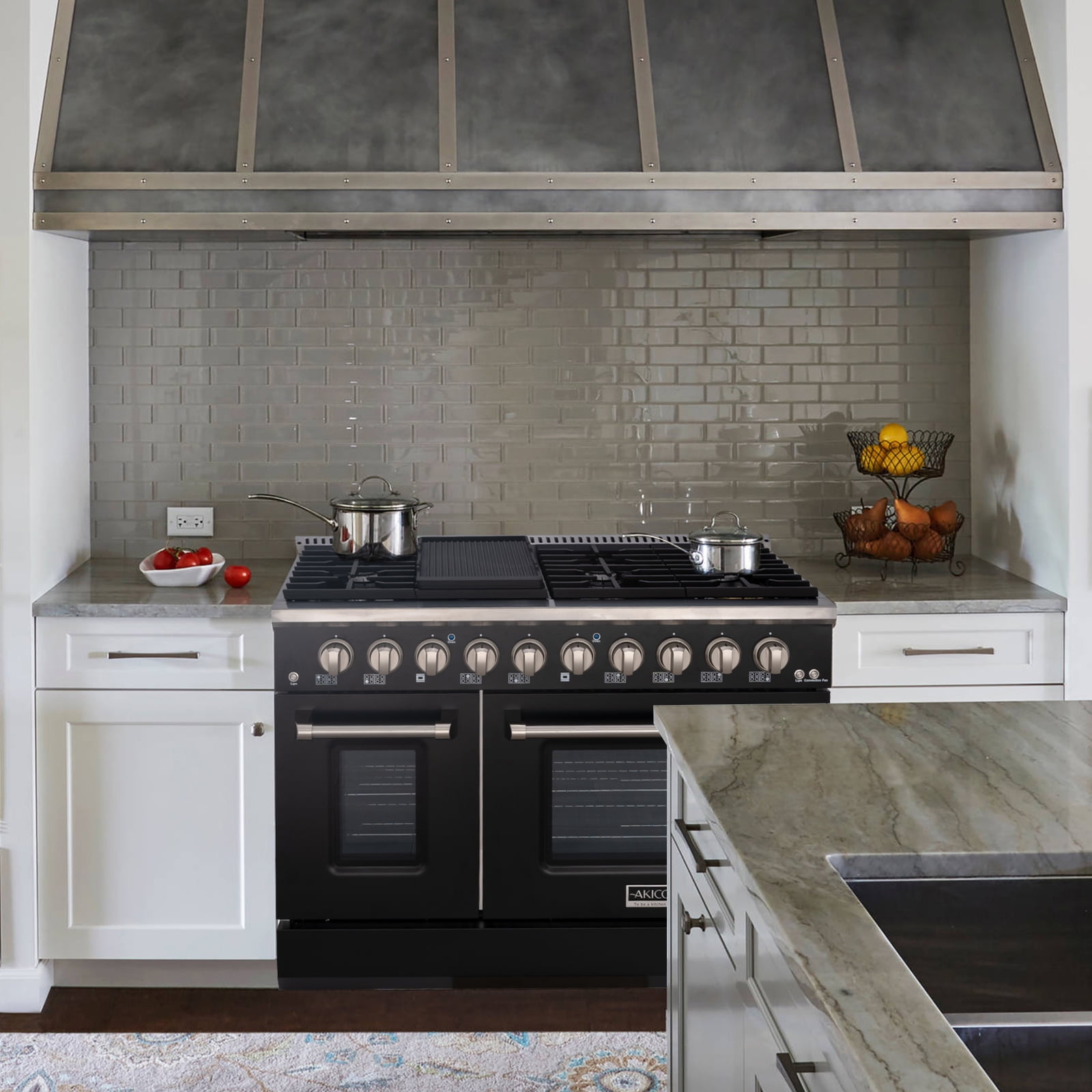 Akicon 48" Slide-in Freestanding Professional Style Gas Range with 6.7 Cu. Ft. Oven, 8 Burners, Convection Fan, Cast Iron Grates. Matte Black & Stainless Steel