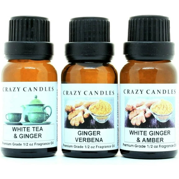 Crazy Candles 3 Bottles Set, 1 White Tea & Ginger, 1 Ginger Verbena, 1 White Ginger & Amber 1/2 Fl Oz Each (15ml) Premium Grade Scented Fragrance Oils