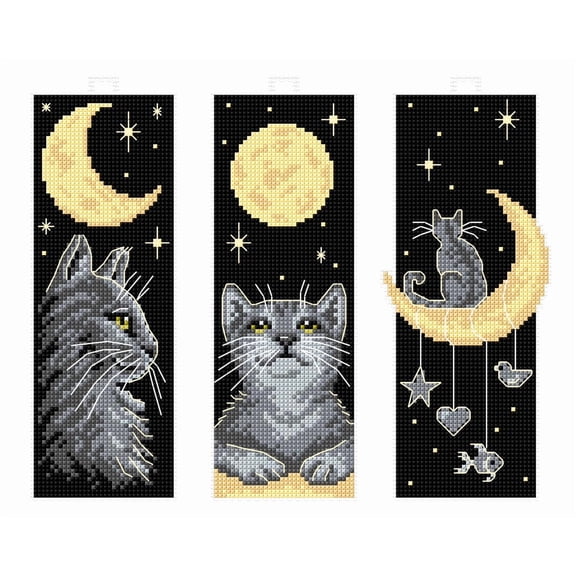 Counted cross stitch kit with plastic canvas Bookmarks "Cats at Night" set of 3 designs 8713