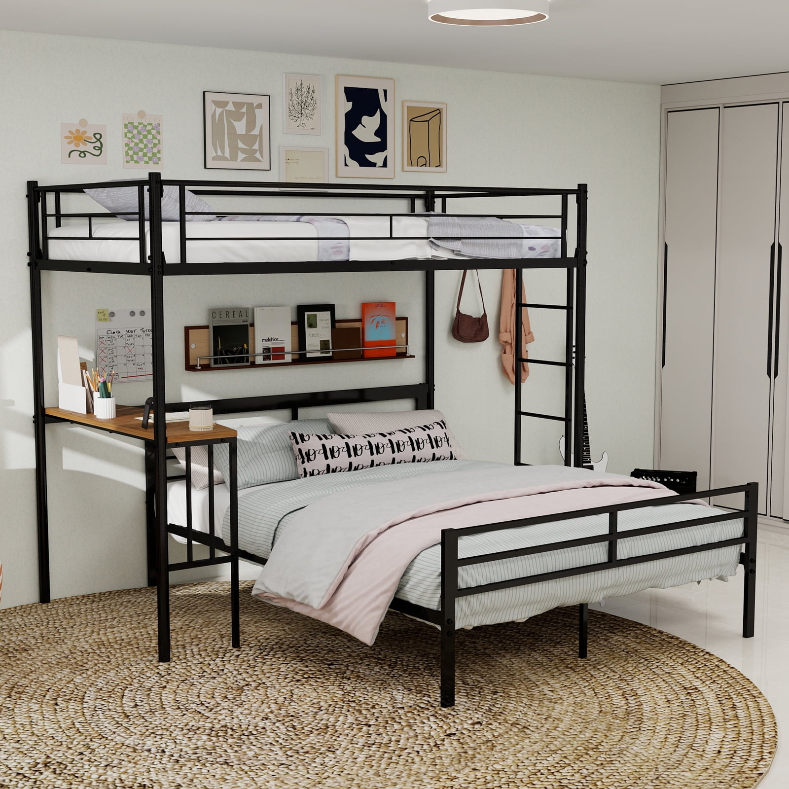 Mintazer Twin Over Full Metal Bunk Bed with Desk, Bunk Bed Frame with Guardrails and Ladder for Bedroom Dorm Apartment, Black