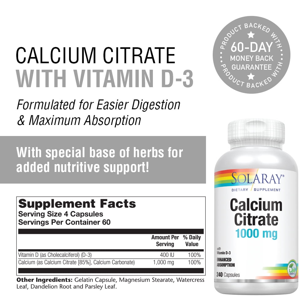 Solaray Calcium Citrate w/ Vitamin D3 1000mg, Healthy Bones & Teeth, Heart, Muscle & Nerve Support, 60 Serv, 240 VegCaps