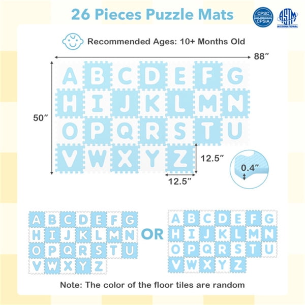 26PCS ABC Alphabet EVA Foam Play Mat, 31.75×31.75×1.02cm BPA-Free Non-Slip Floor Tiles for 10+ Months, Blue+White