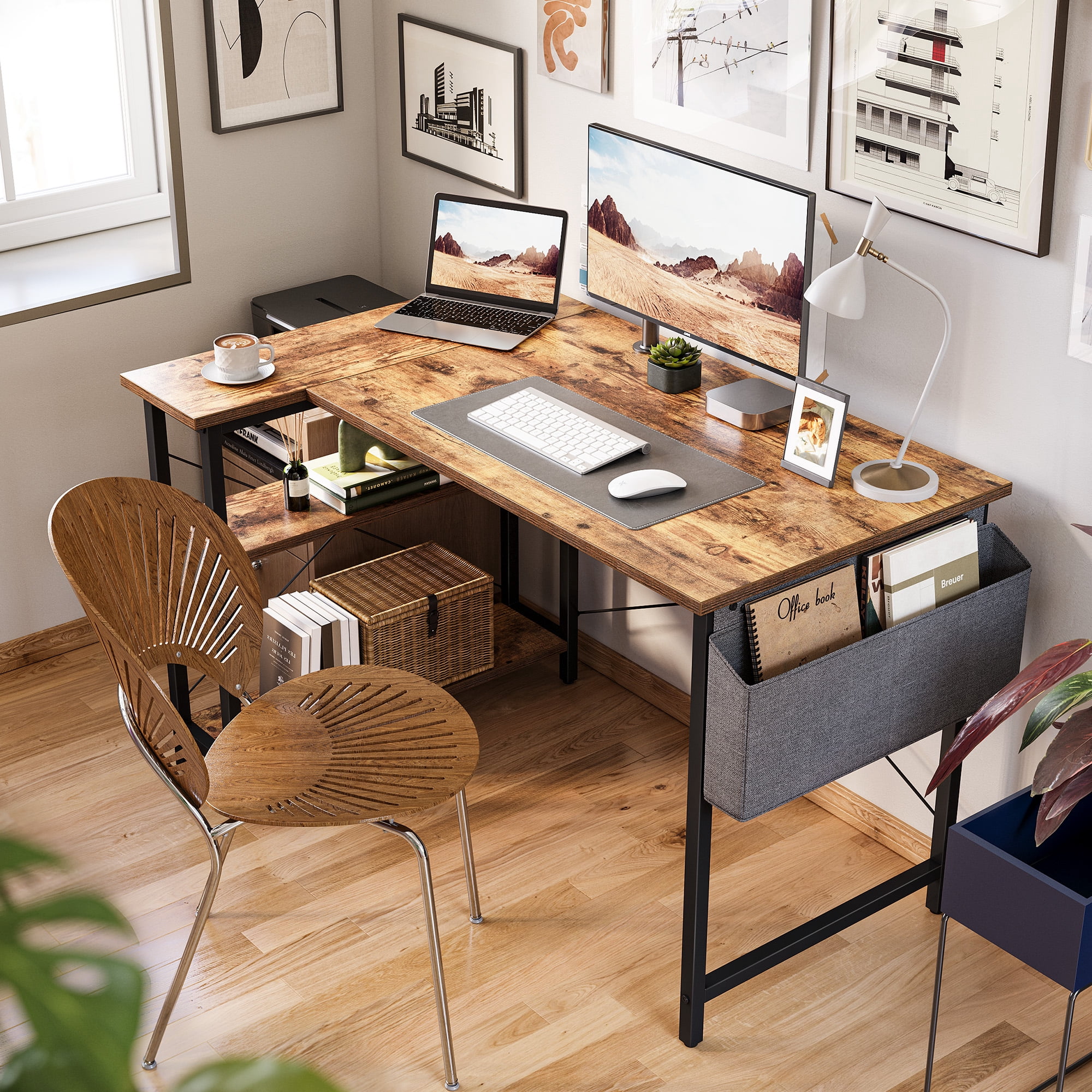 DESINO 55 Inch L-Shaped Computer Desk with Storage Shelves Home Office Corner Desk Study Writing Table, Rustic Brown