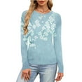 thumbnail image 2 of FRSASU Womens Long Sleeve Stretch Crewneck Ribbed T-Shirt Fashion Printed Slim Fit Casual Basic Tops Light Blue, 2 of 6