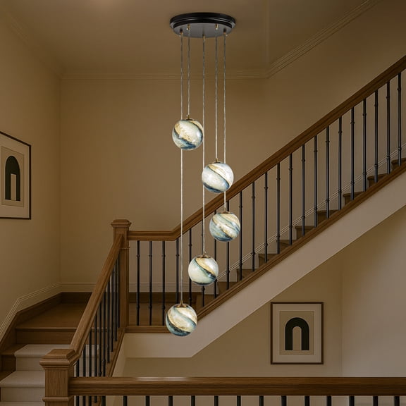 12'' 5-Light Modern Glazed Glass Globe Staircase Chandelier Coastal Handcrafted Glass Pendant In Matte Black For Foyer Entryway