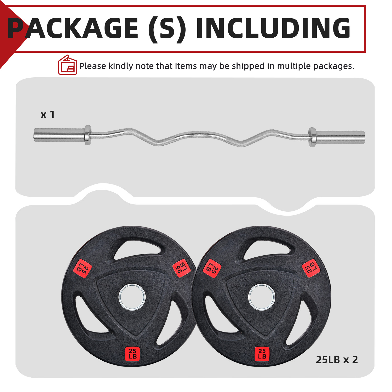 FlexWave 4FT Curl Barbell Set with Pairs of 2.5LB–45LB Rubber-Coated Weight Plates, Strength Training Set for Home Gym