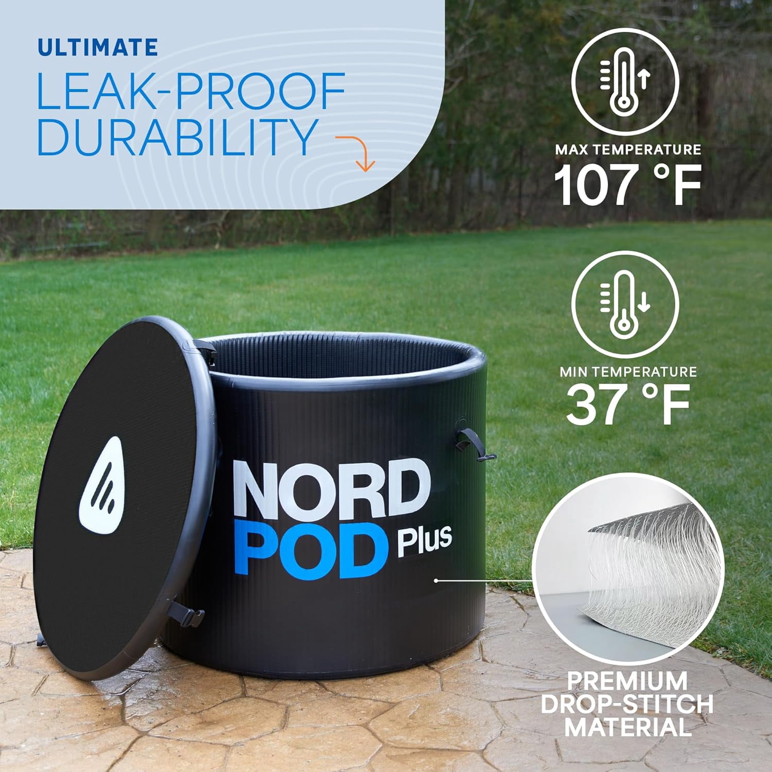 Lifepro NordPod Plus 80-Gallon Inflatable Ice Bath - XL Drop Stitch Cold Plunge Tub for Athletes - Black